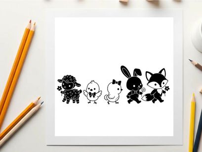 Silhouette of cute cartoon animals in a row