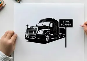 Black silhouette semi truck passing state border sign