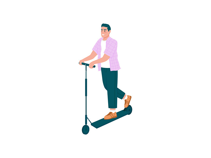 Smiling man on e-scooter flat color vector detailed character