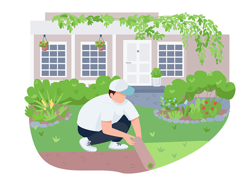 Courtyard greening, lawn care 2D vector web banner, poster