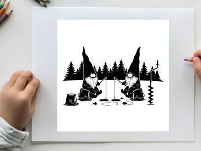 Two gnomes ice fishing in silhouette with trees and equipment