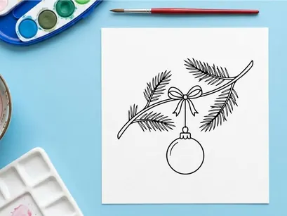 Christmas bauble hanging on a pine branch with a bow, hand drawn line art illustration.