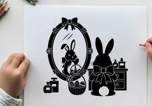 Easter bunny silhouette admires reflection in ornate mirror with bow