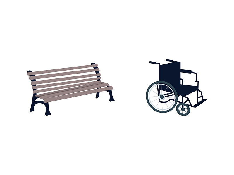 Wheelchair and bench flat color vector objects set