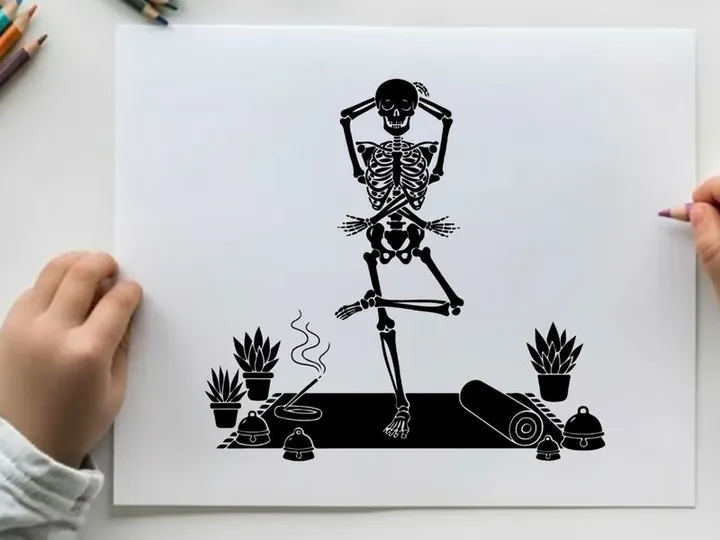Silhouette of a skeleton in a yoga pose with plants
