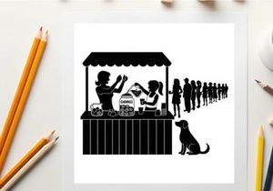 Silhouette of people waiting in line at a food stand with a dog