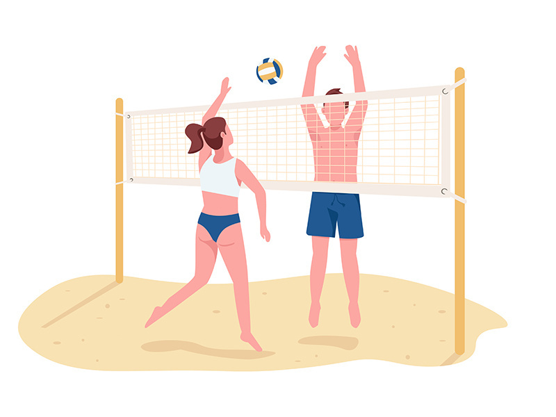 Man and woman playing beach volleyball flat color vector faceless characters
