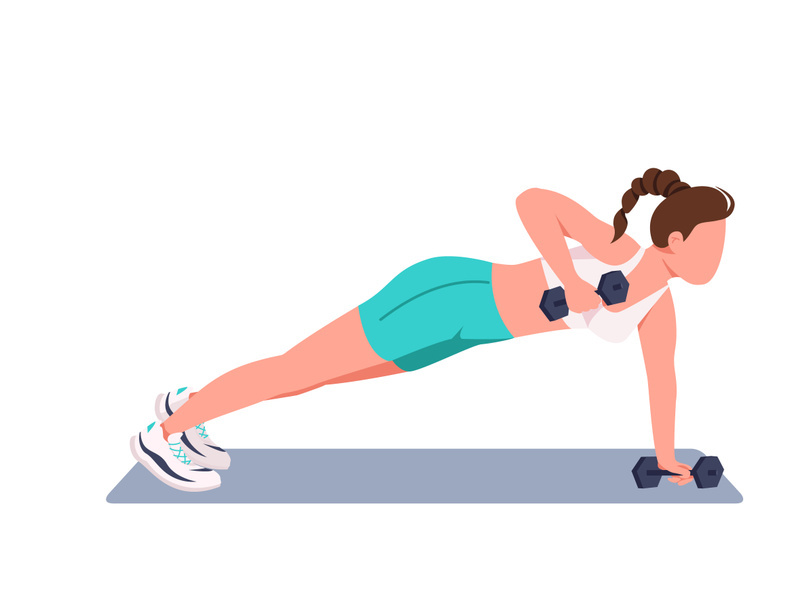 Woman doing push ups with dumbbells flat color vector faceless character