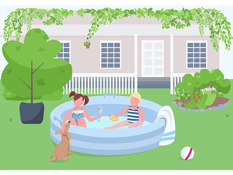 Children in pool flat color vector illustration