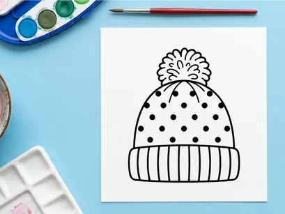 Gorro de lana con pompón y arte lineal de icono navideño para proyectos de diseño de temporada navideña