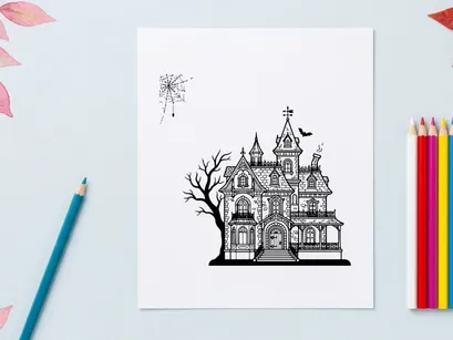 Ilustración de mansión victoriana encantada para narración gótica. Dibujo de casa vintage siniestra con detalles arquitectónicos intrincados y atmósfera inquietante...