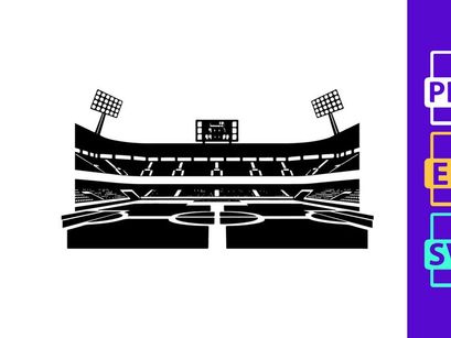 A black and white image of an empty sports stadium with floodlights