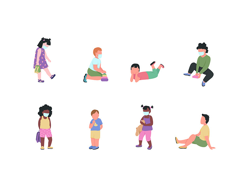 Kindergarten children flat color vector faceless characters set