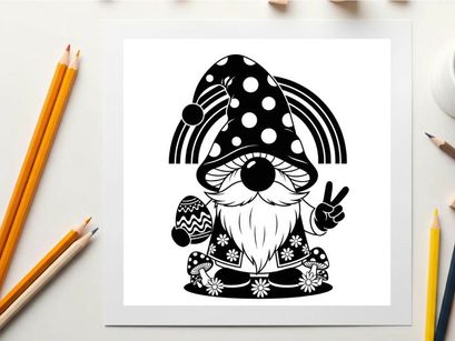 Silhouette of a whimsical gnome with mushroom hat and peace sign silhouette
