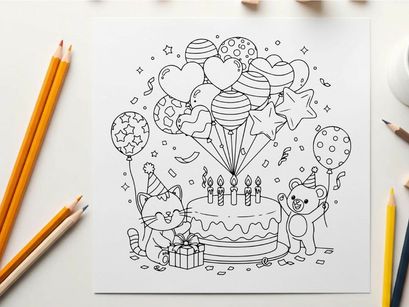 Birthday party celebration with cat and teddy bear vector illustration