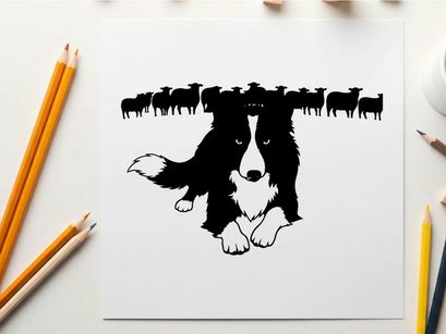 Border collie silhouette herding sheep illustration