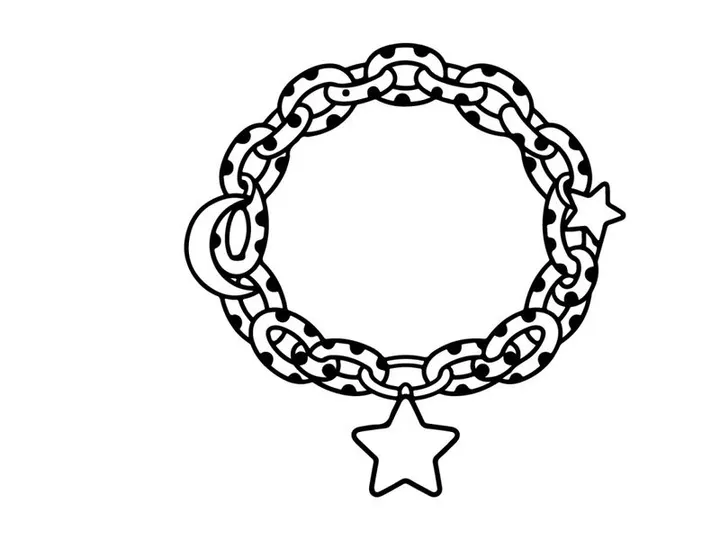 Celestial charm bracelet line art. Jewelry accessory with moon and star icons.