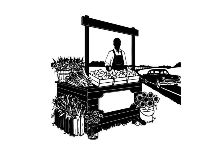 Silhouette of a person selling vegetables at a roadside market stall