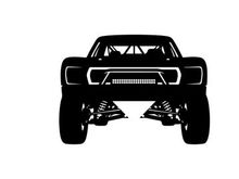 Silhouette of a rugged off road truck with large tires and suspension