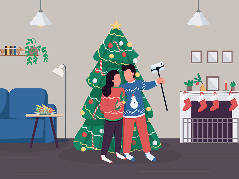 Couple celebrate Christmas flat color vector illustration