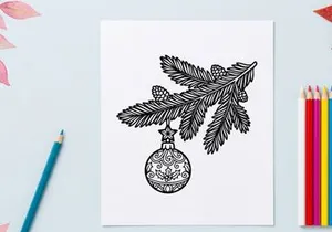 Hand-drawn Christmas ornament with pine branches and golden globe hanging for festive holiday decor