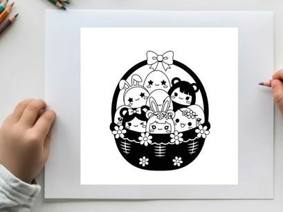 Cute easter basket with cartoon animal friends in silhouette