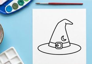 Minimalist witch hat icon for Halloween design. Simple black and white sorcerer hat illustration for party decor and branding.