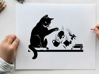 Mischievous cat silhouette causing chaos with falling objects