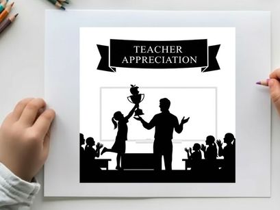 Teacher appreciation silhouette graphic with students and trophy