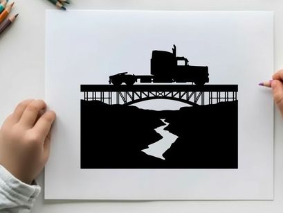 Truck crossing bridge in silhouette against white background