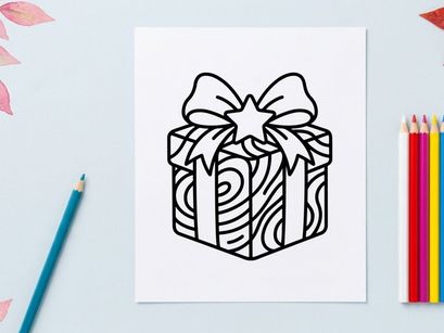 Hand-drawn striped Christmas gift box with white ribbon and star bow for holiday celebrations