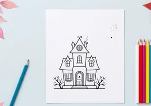 Ilustração de casa assombrada com arquitetura gótica sinistra. Gráfico vetorial clássico de Halloween com mansão sinistra e árvores desfolhadas.