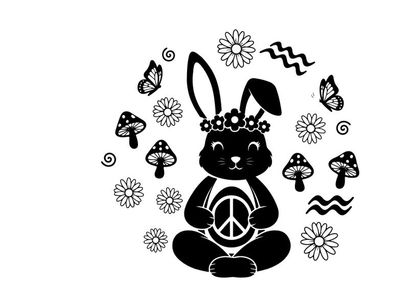 Peaceful silhouette bunny in flowers and mushrooms