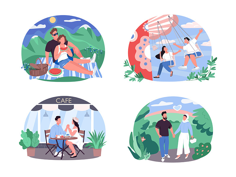 Daytime activity for couples 2D vector web banner, poster set