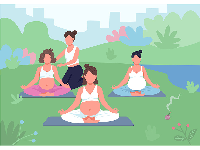Yoga class outdoors flat color vector illustration