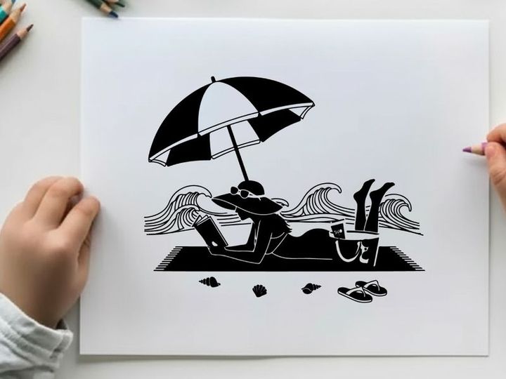 Silhouette of a woman relaxing on the beach with umbrella