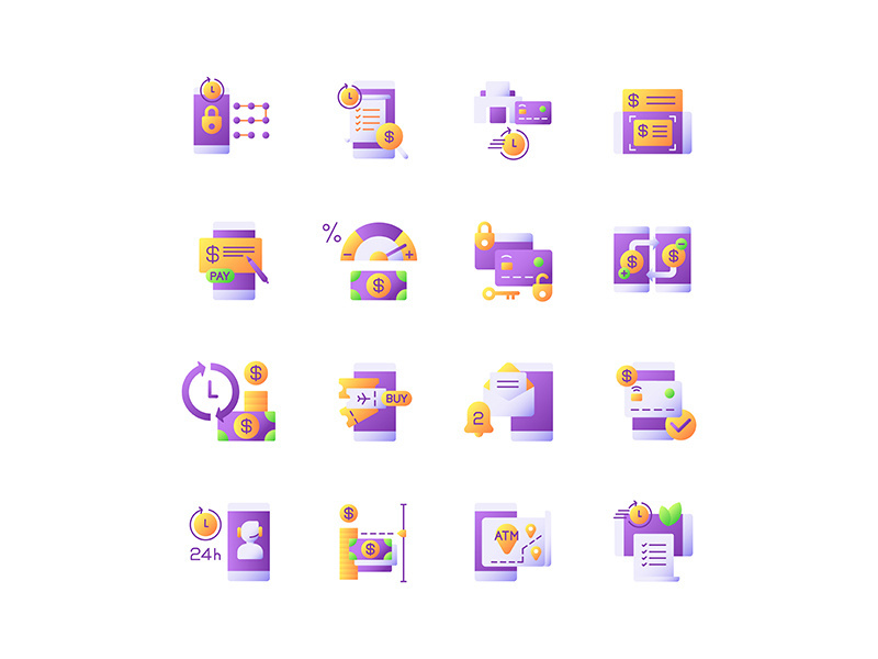 Mobile banking service vector flat color icon set