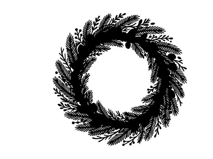 Black Christmas wreath silhouette isolated on white background for holiday design