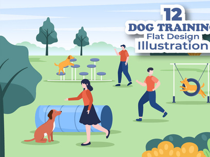 12 Dogs Training Center Flat Design Illustration