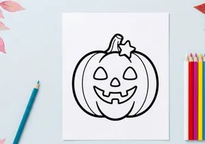 Hand-drawn Halloween jack-o-lantern with glowing smile and star. Cute cartoon pumpkin face illustration for festive autumn decor and party designs.