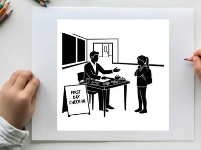 Businessman and young girl at a first day check in with silhouette