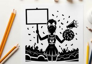 Cheerleader silhouette holding sign and megaphone at sports event