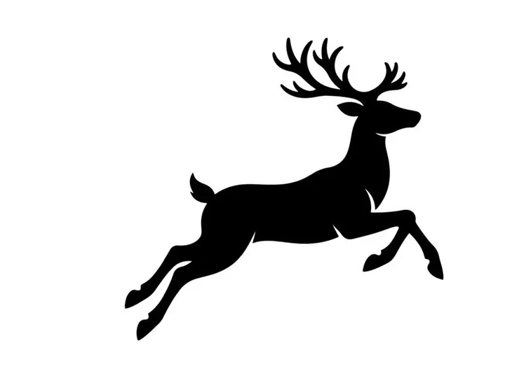 Black silhouette of a jumping reindeer isolated on a white background for Christmas design