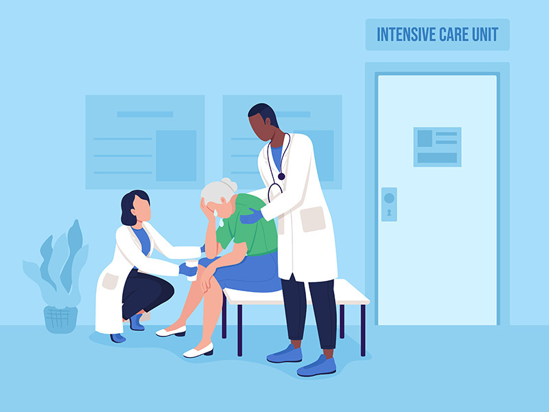 Doctors help elderly visitor flat color vector illustration