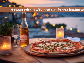 Pizza with a city and sea in the background preview picture