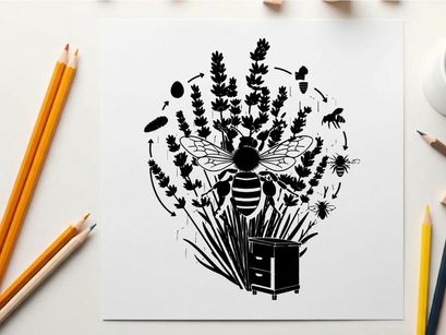 Silhouette of a bee amidst lavender flowers and a book