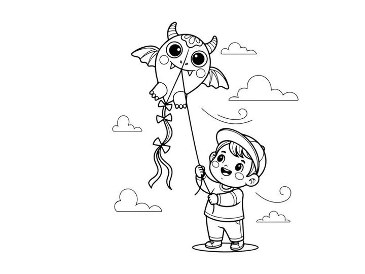 Child flying owl kite outdoor fun vector illustration
