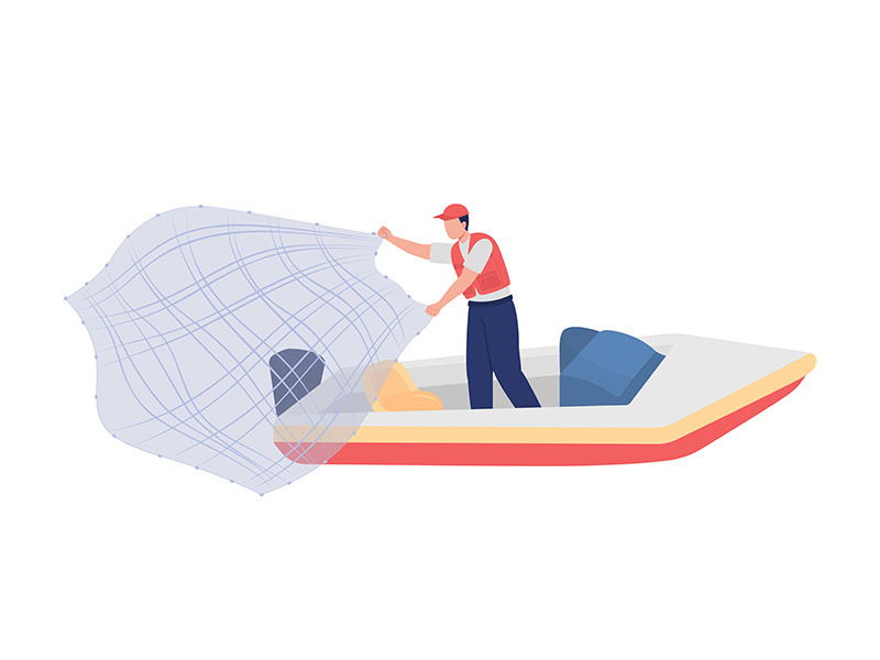 Fisherman with throw net semi flat color vector character
