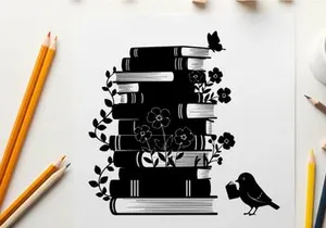 Silhouette of books with flowers bird and butterfly