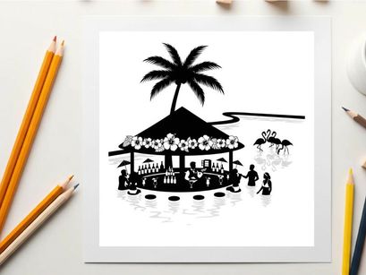 Beachside silhouette of a tropical gazebo with palm trees and people